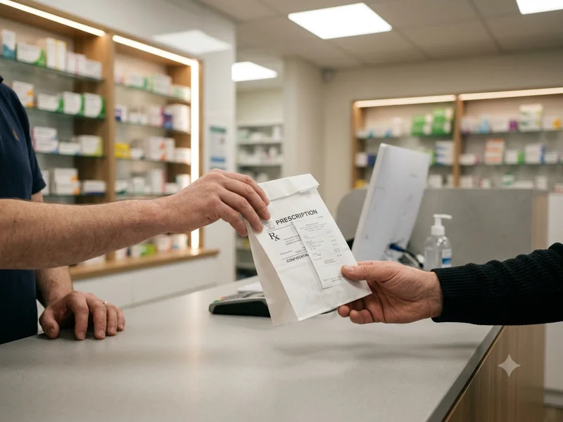A pharmacist handing a prescription bag to a customer