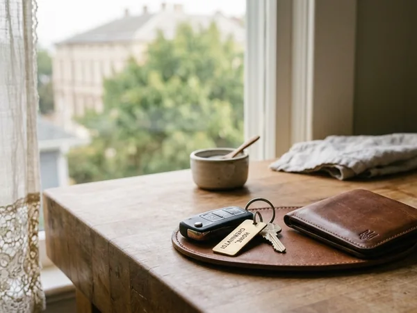 House keys and a wallet resting on a tray by a window